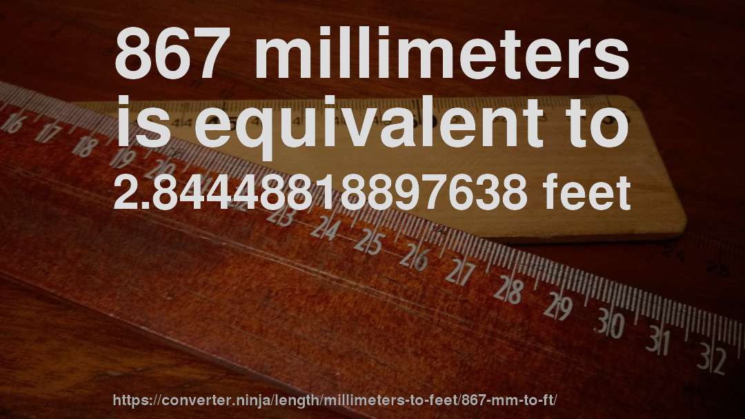 867 millimeters is equivalent to 2.84448818897638 feet