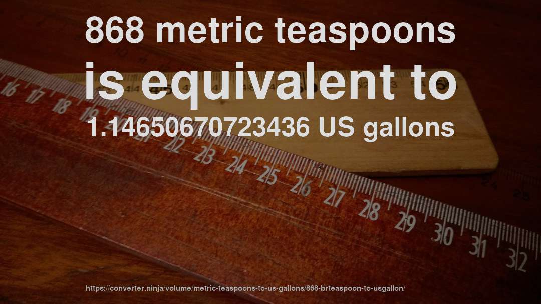 868 metric teaspoons is equivalent to 1.14650670723436 US gallons
