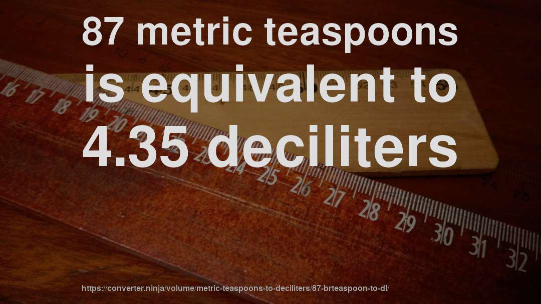 87 metric teaspoons is equivalent to 4.35 deciliters