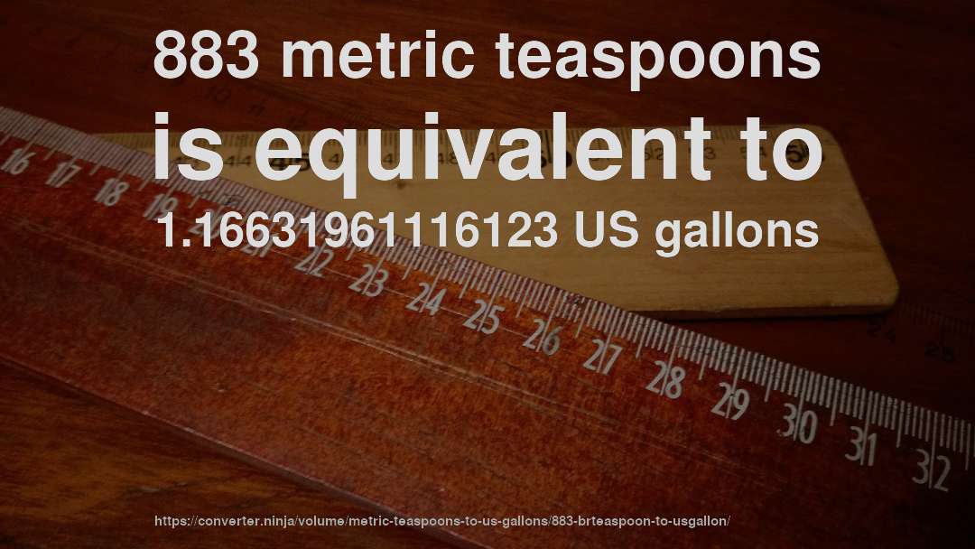 883 metric teaspoons is equivalent to 1.16631961116123 US gallons