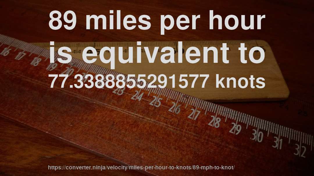 89 miles per hour is equivalent to 77.3388855291577 knots