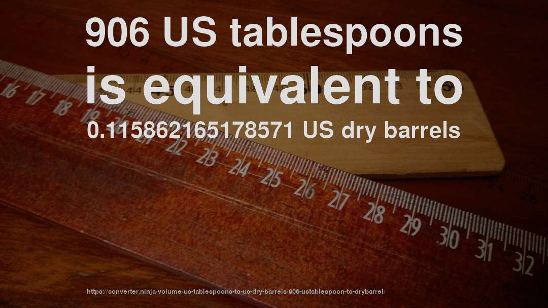 906 US tablespoons is equivalent to 0.115862165178571 US dry barrels