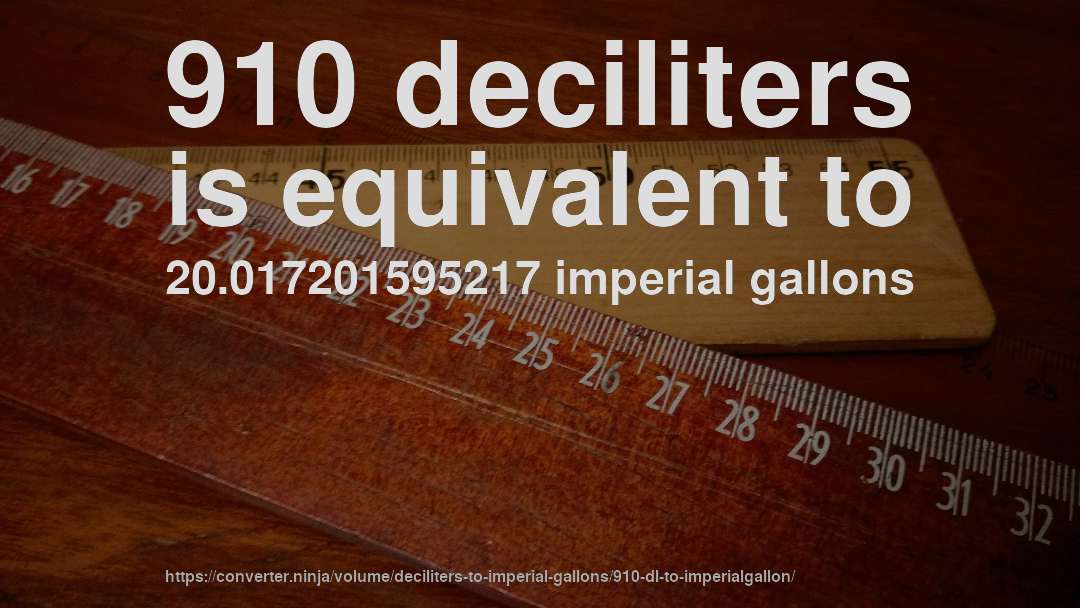 910 deciliters is equivalent to 20.017201595217 imperial gallons
