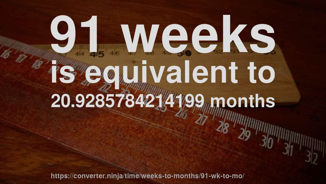 91 weeks is equivalent to 20.9285784214199 months