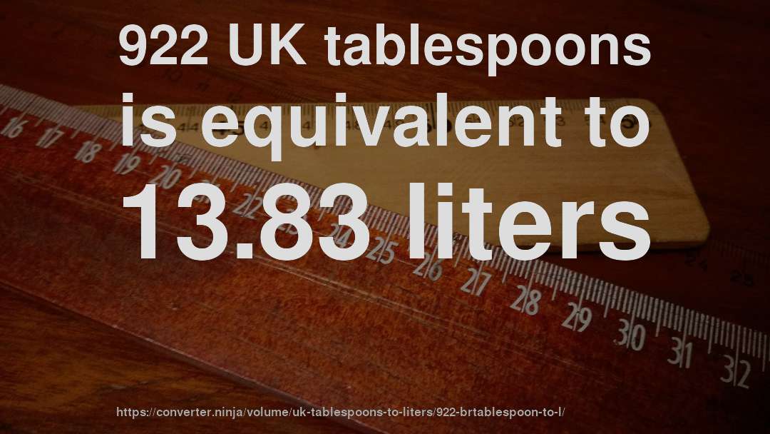 922 UK tablespoons is equivalent to 13.83 liters