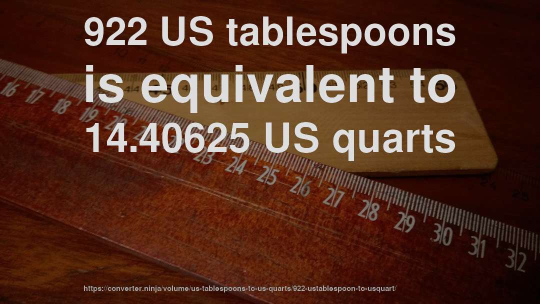922 US tablespoons is equivalent to 14.40625 US quarts