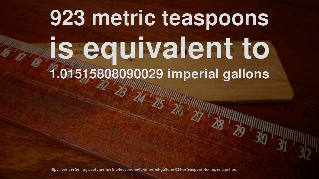 923 metric teaspoons is equivalent to 1.01515808090029 imperial gallons