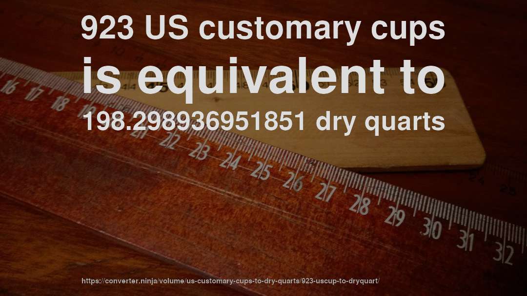923 US customary cups is equivalent to 198.298936951851 dry quarts