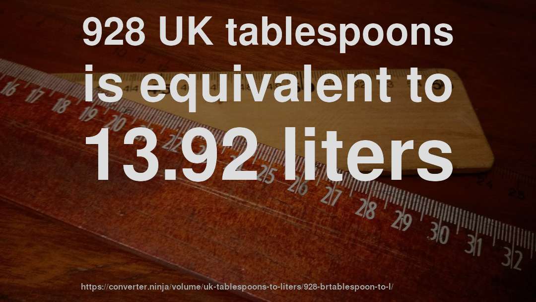 928 UK tablespoons is equivalent to 13.92 liters