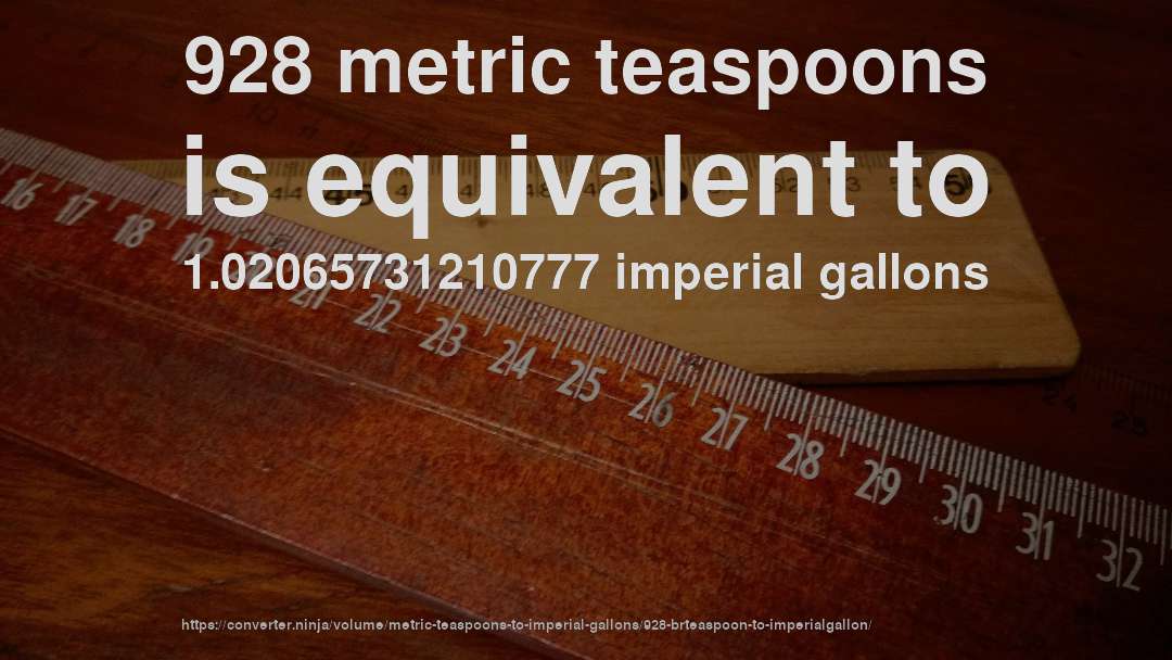928 metric teaspoons is equivalent to 1.02065731210777 imperial gallons