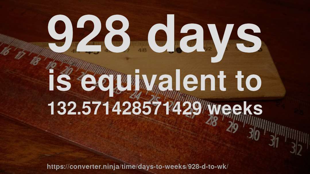 928 days is equivalent to 132.571428571429 weeks