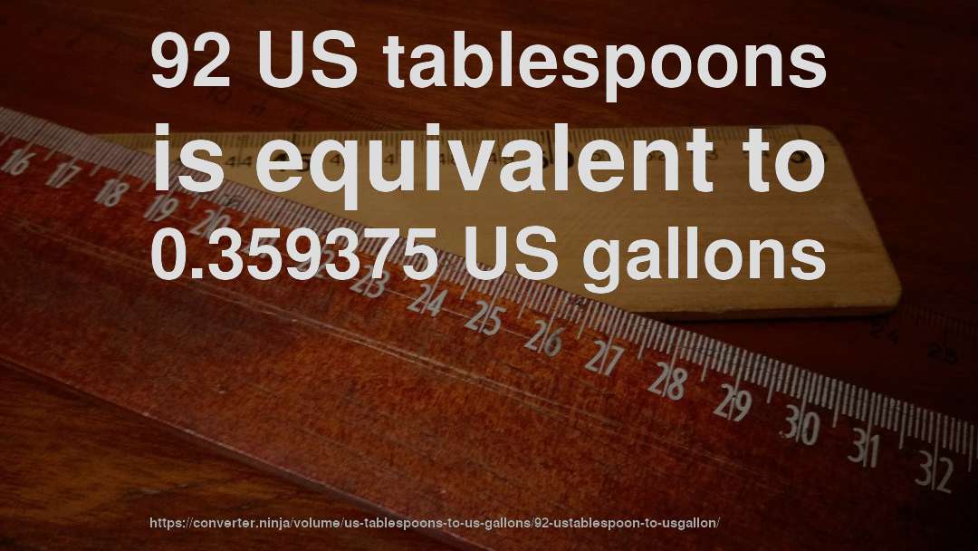 92 US tablespoons is equivalent to 0.359375 US gallons