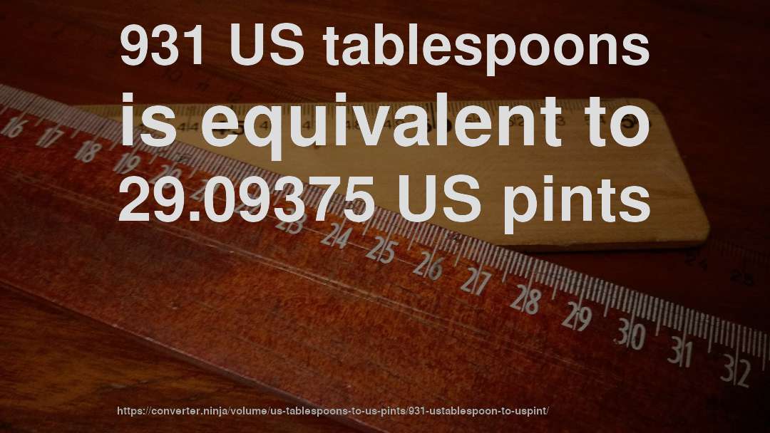 931 US tablespoons is equivalent to 29.09375 US pints