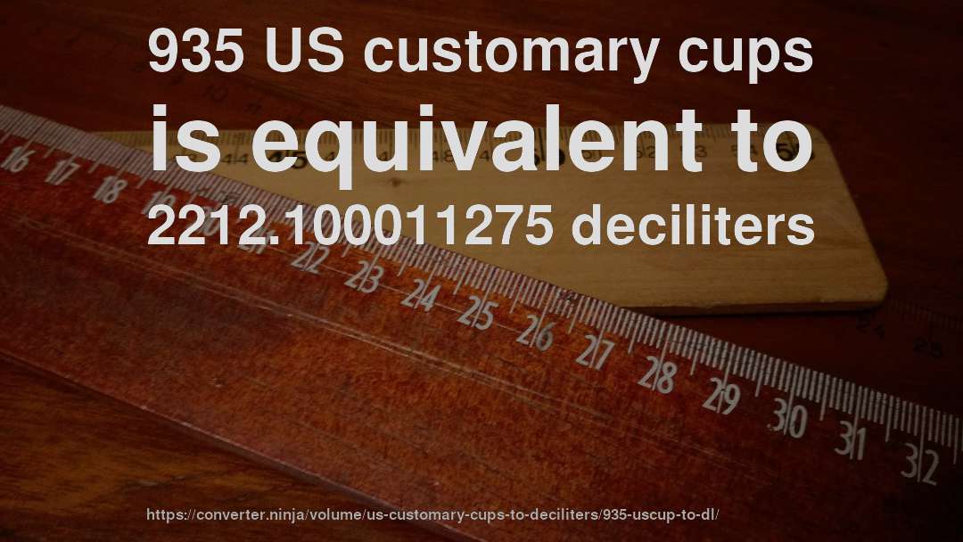 935 US customary cups is equivalent to 2212.100011275 deciliters
