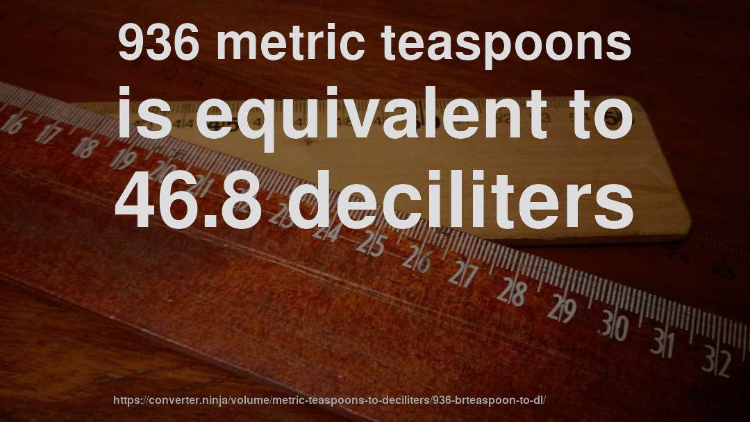936 metric teaspoons is equivalent to 46.8 deciliters