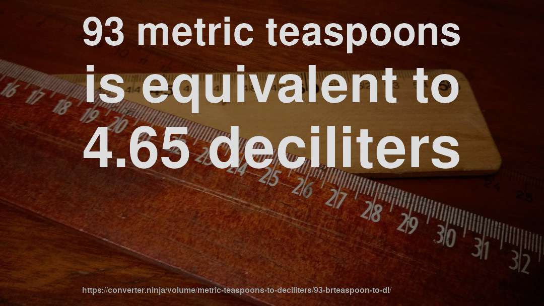 93 metric teaspoons is equivalent to 4.65 deciliters