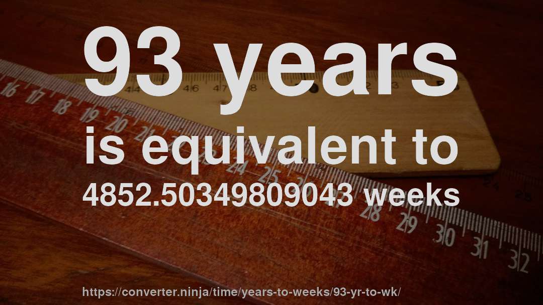 93 years is equivalent to 4852.50349809043 weeks