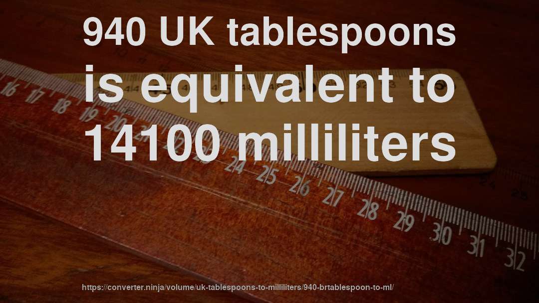 940 UK tablespoons is equivalent to 14100 milliliters