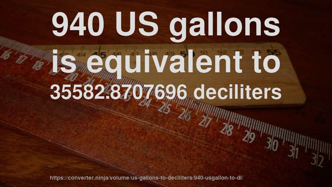 940 US gallons is equivalent to 35582.8707696 deciliters