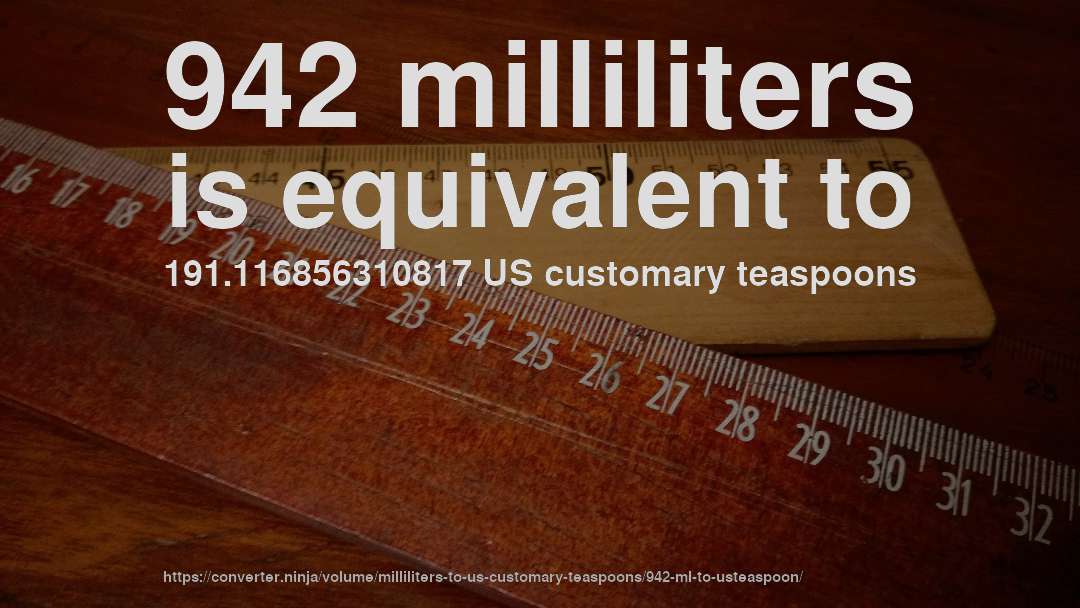 942 milliliters is equivalent to 191.116856310817 US customary teaspoons