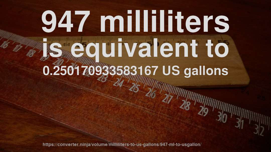 947 milliliters is equivalent to 0.250170933583167 US gallons