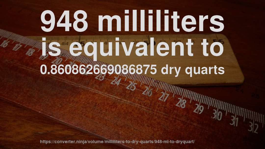 948 milliliters is equivalent to 0.860862669086875 dry quarts