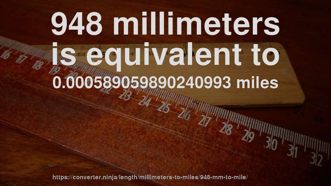 948 millimeters is equivalent to 0.000589059890240993 miles