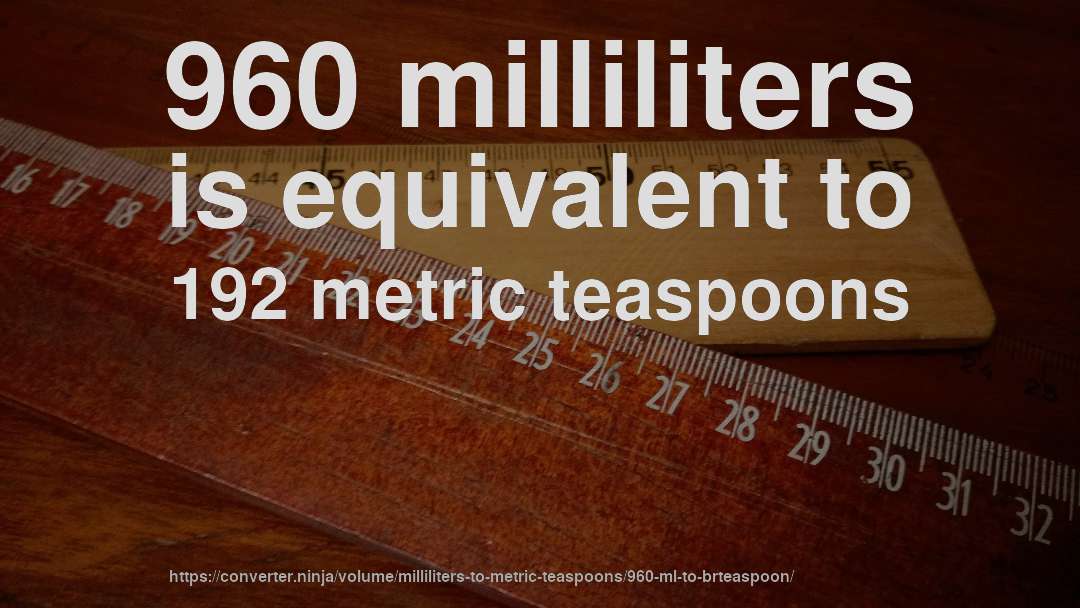 960 milliliters is equivalent to 192 metric teaspoons