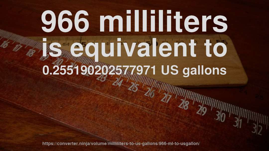 966 milliliters is equivalent to 0.255190202577971 US gallons
