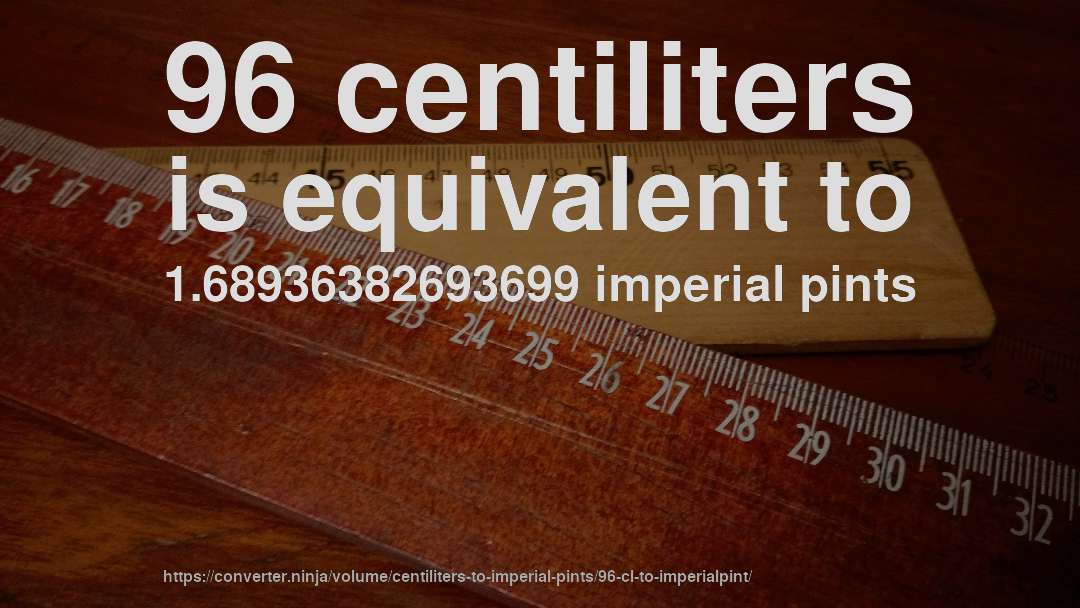 96 centiliters is equivalent to 1.68936382693699 imperial pints