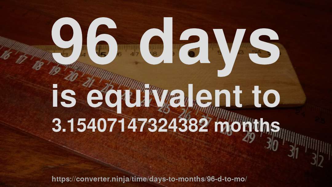 96 days is equivalent to 3.15407147324382 months