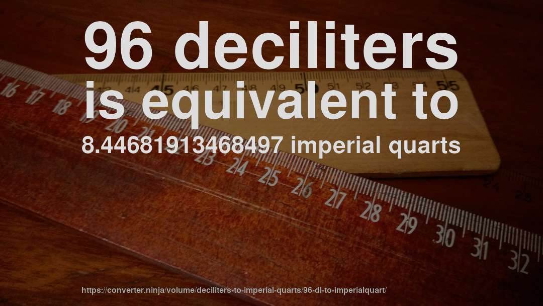 96 deciliters is equivalent to 8.44681913468497 imperial quarts