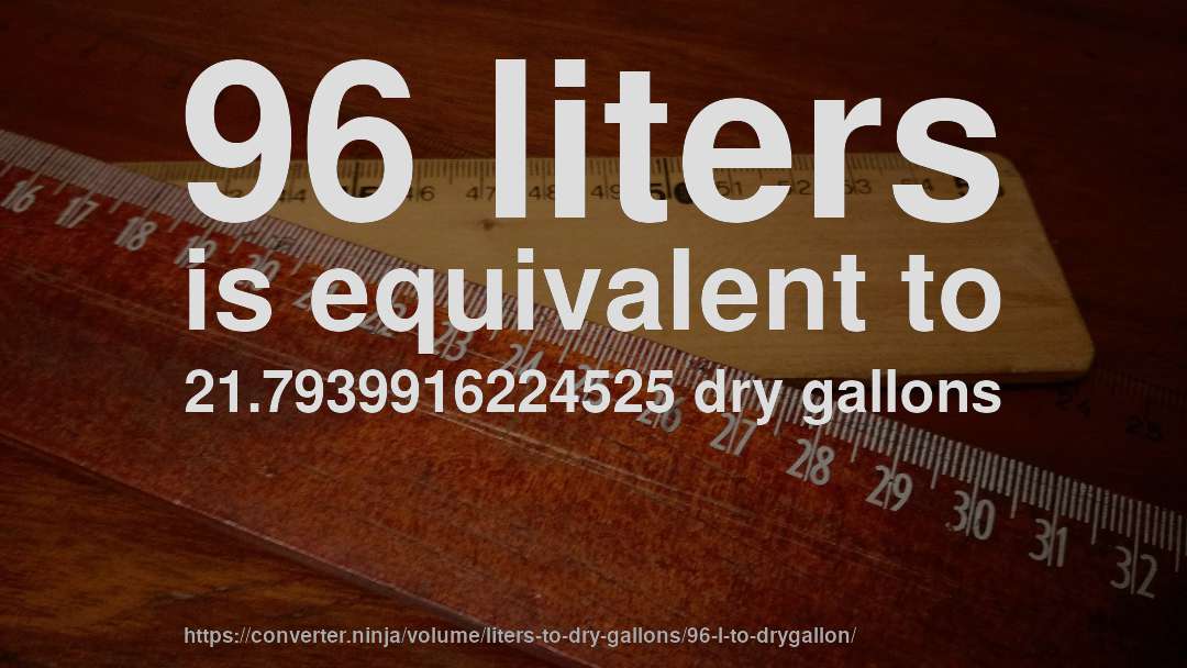 96 liters is equivalent to 21.7939916224525 dry gallons