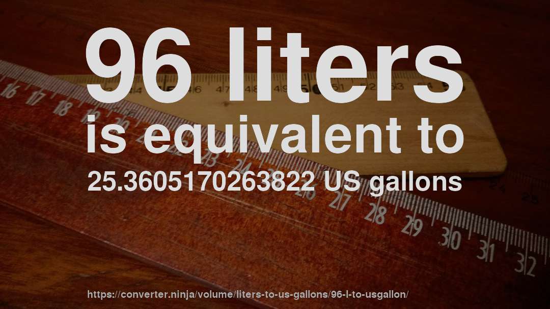 96 liters is equivalent to 25.3605170263822 US gallons