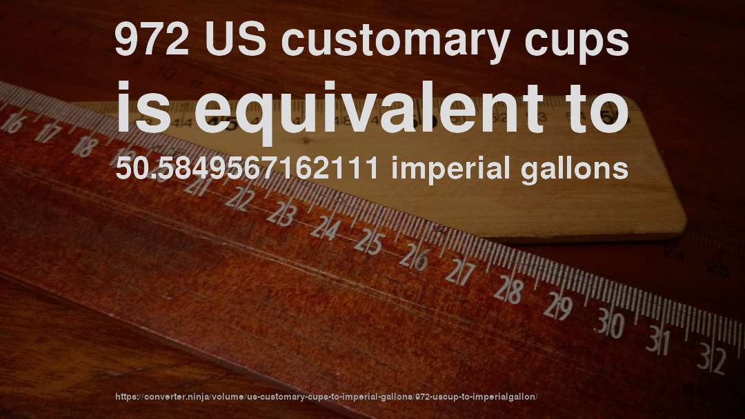 972 US customary cups is equivalent to 50.5849567162111 imperial gallons