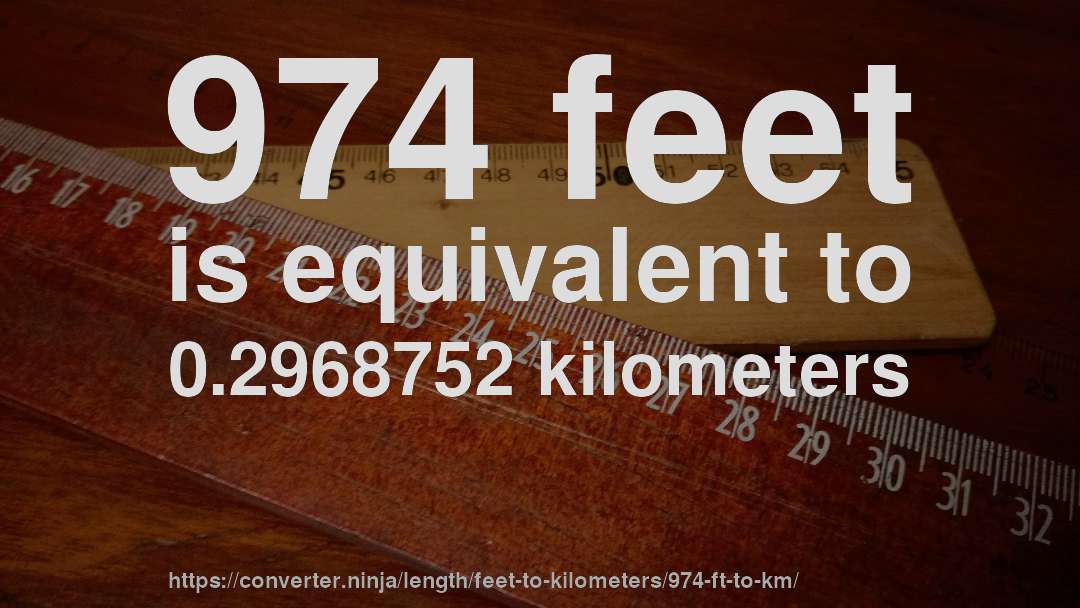 974 feet is equivalent to 0.2968752 kilometers