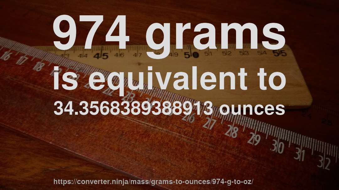 974 grams is equivalent to 34.3568389388913 ounces
