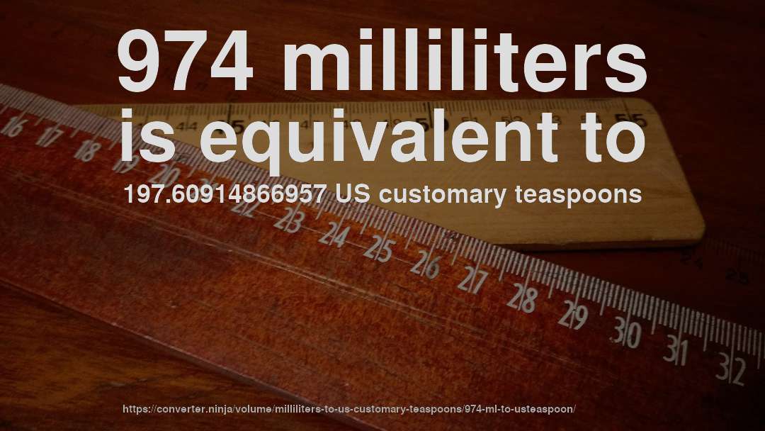 974 milliliters is equivalent to 197.60914866957 US customary teaspoons