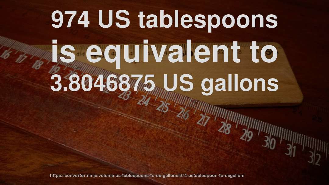 974 US tablespoons is equivalent to 3.8046875 US gallons