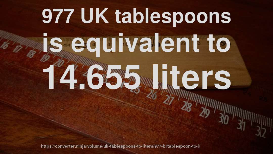 977 UK tablespoons is equivalent to 14.655 liters