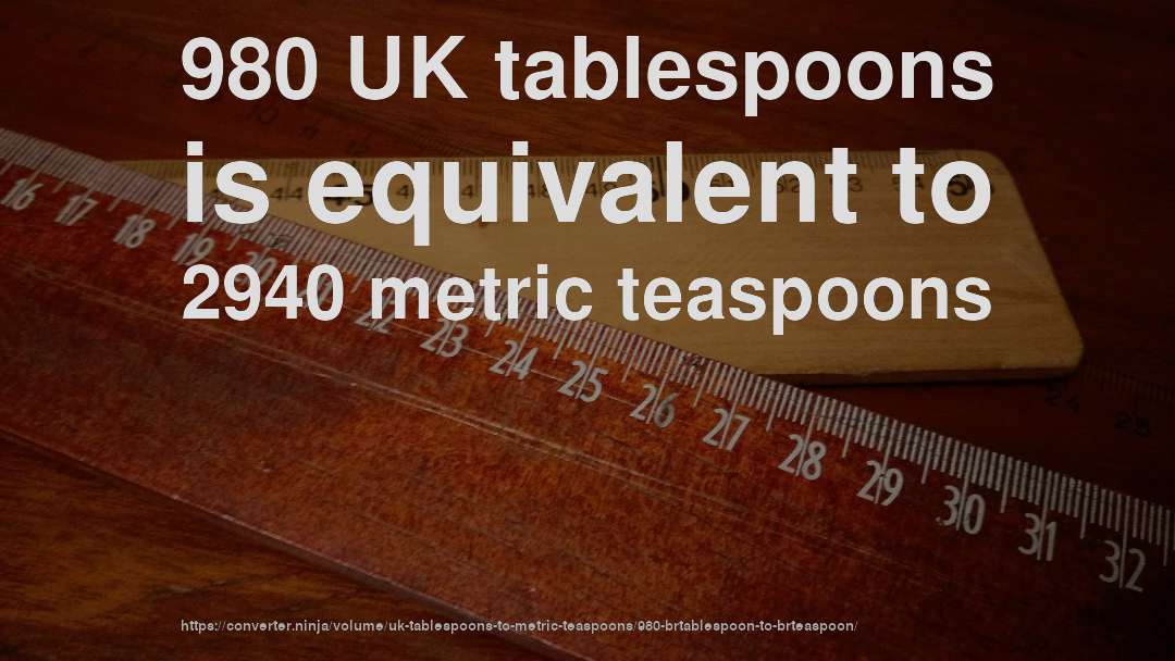 980 UK tablespoons is equivalent to 2940 metric teaspoons