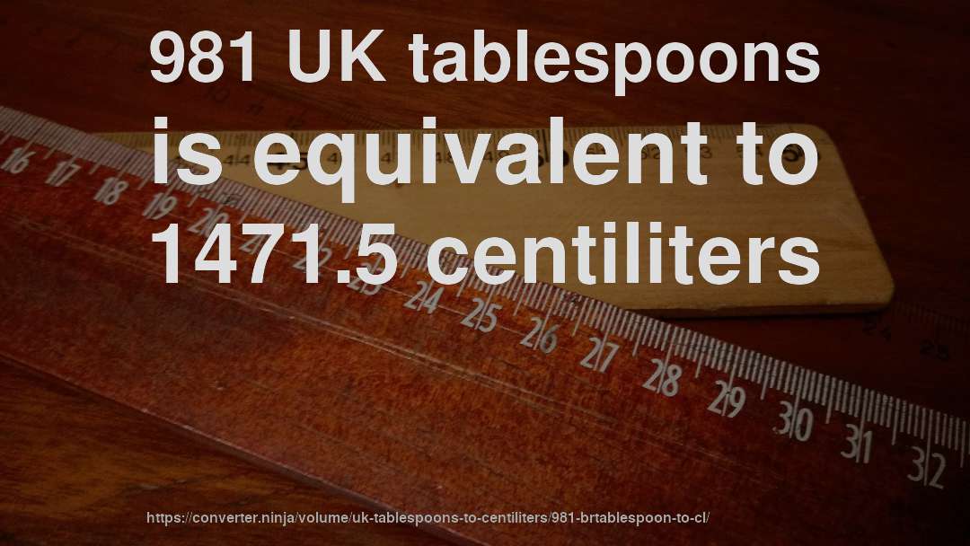 981 UK tablespoons is equivalent to 1471.5 centiliters