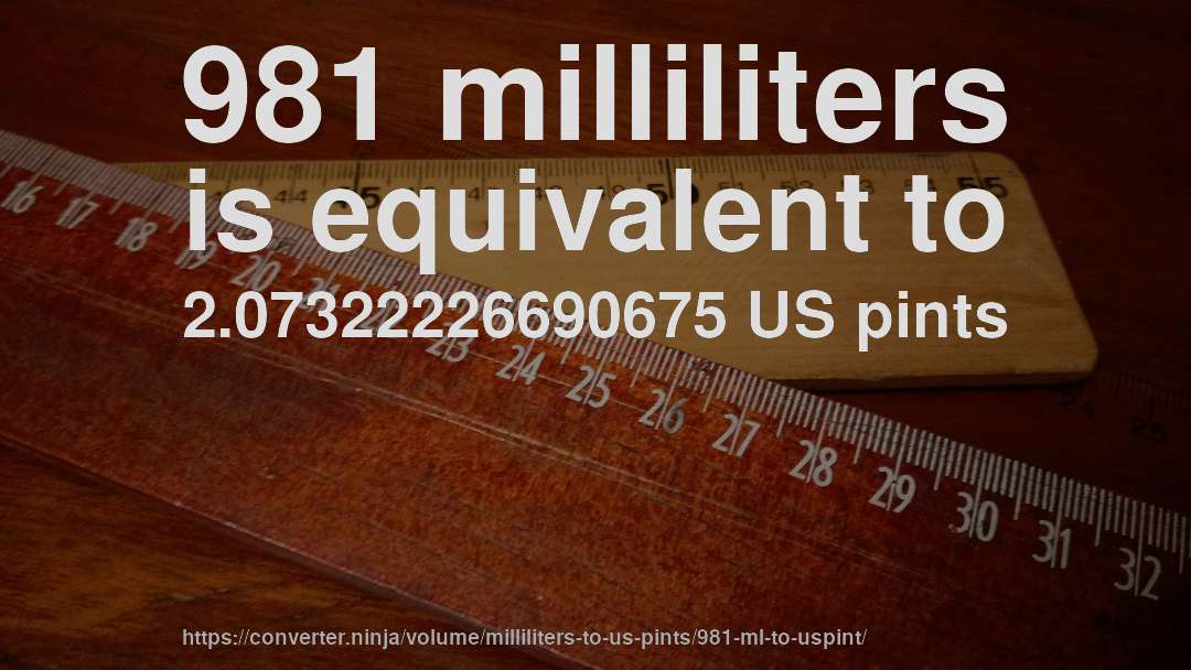 981 milliliters is equivalent to 2.07322226690675 US pints