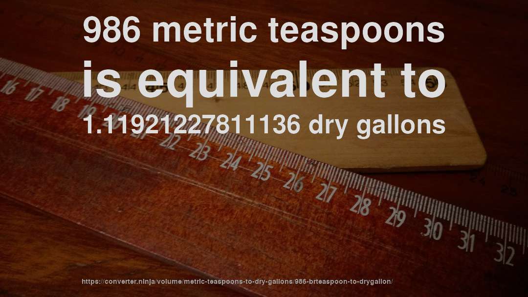 986 metric teaspoons is equivalent to 1.11921227811136 dry gallons