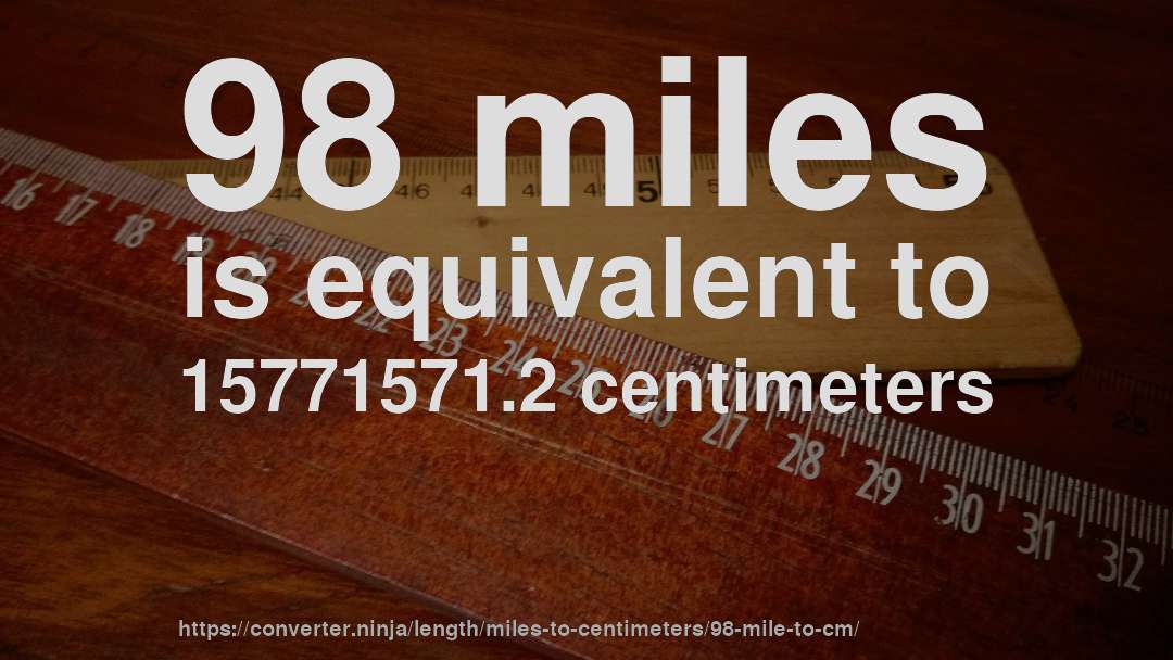 98 miles is equivalent to 15771571.2 centimeters
