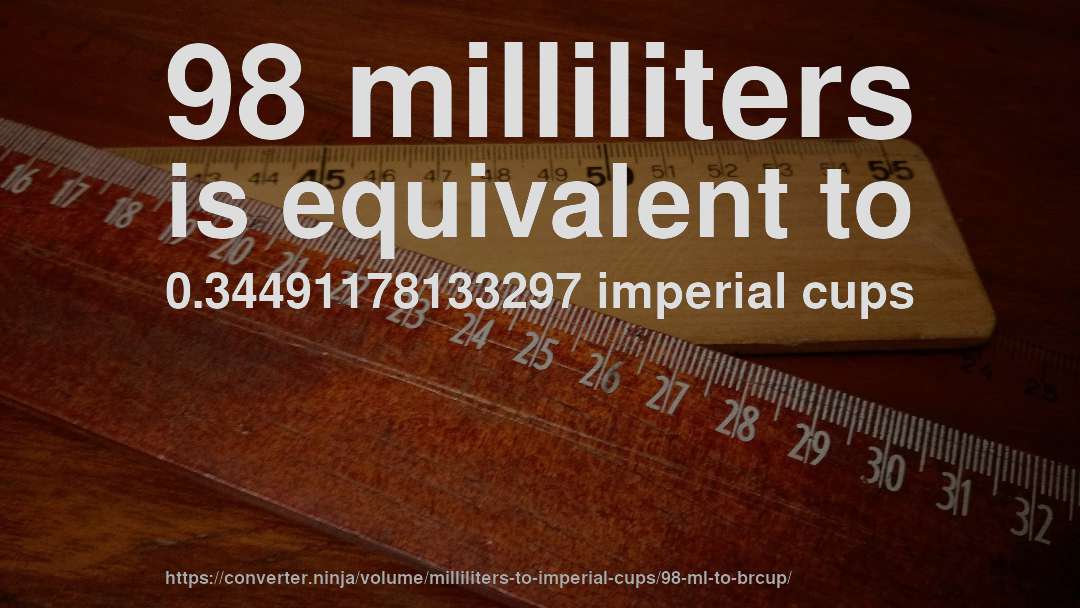 98 milliliters is equivalent to 0.34491178133297 imperial cups