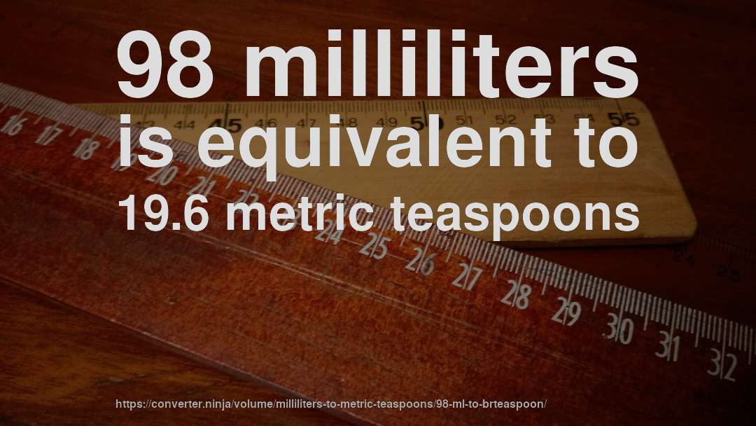 98 milliliters is equivalent to 19.6 metric teaspoons