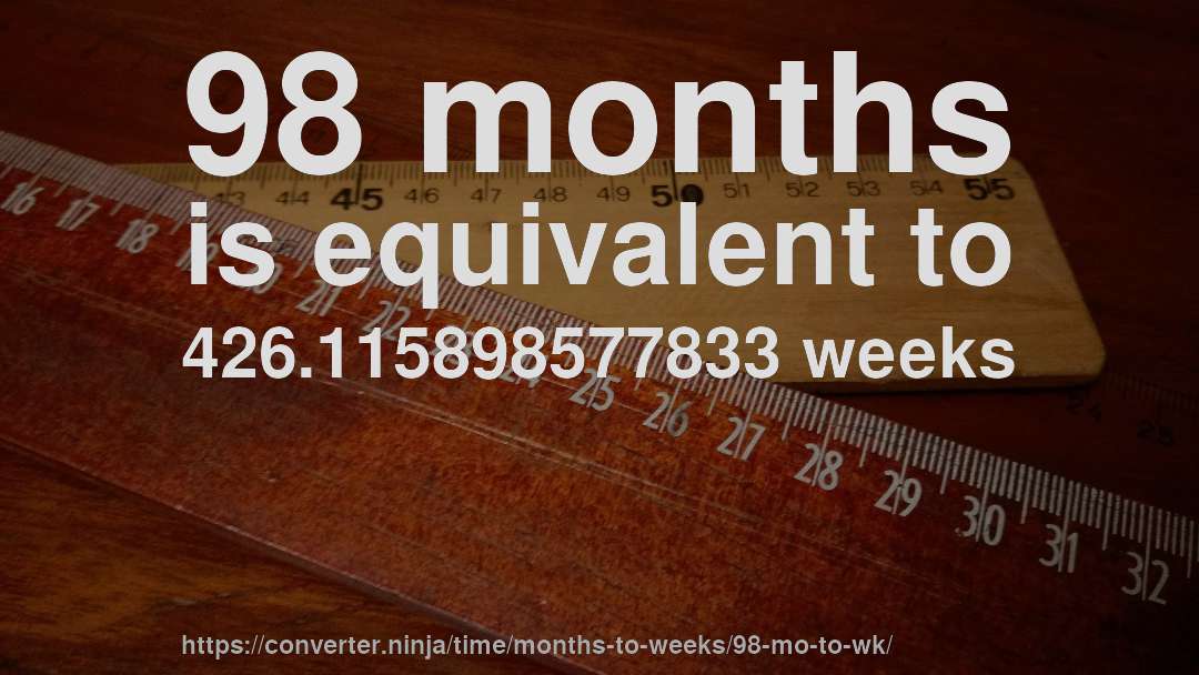 98 months is equivalent to 426.115898577833 weeks