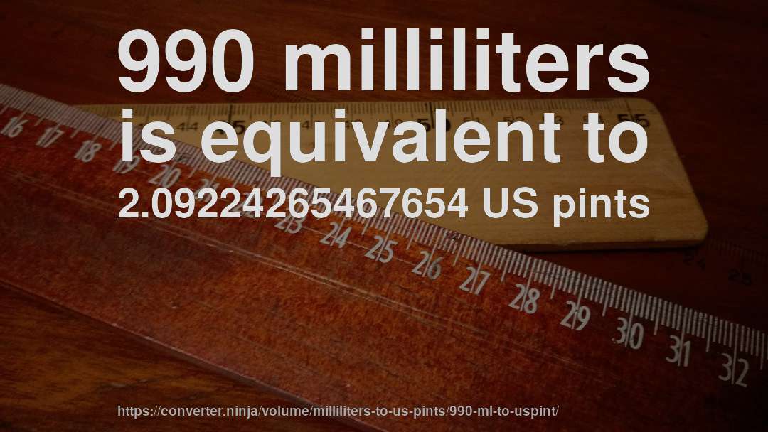 990 milliliters is equivalent to 2.09224265467654 US pints