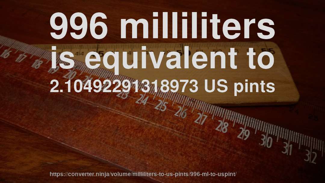 996 milliliters is equivalent to 2.10492291318973 US pints